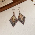 Vintage bronze diamond earrings with intricate gold thread and small bead details - Rhombus Ethnic Woven Style (57#) / Gold Brown