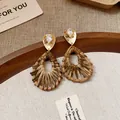 Handmade straw woven teardrop dangle earrings with gold studs and clear rhinestone accents - Woven Straw Waterdrop Tassel Style (142#) / Gold Brown