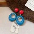 Retro stylish red ball stud and blue oval hoop drop earrings with elegant glazed finish - Geometric Contrast Color Ball Style (53#) / Red-Blue