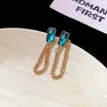Elegant emerald green rectangular crystal stud earrings with gold chain tassels design - Emerald U-Shape Tassel Style (46#) / Emerald Green
