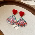 Vintage Bohemian ethnic fan-shaped drop earrings with vibrant red and green floral patterns - 72# Bohemian Fan-Shaped Silver Post Style / Red Floral
