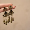 Exquisite vintage gold-tone flower tassel earrings featuring elegant black gems - 116# Vintage Fan Tassel 925 Sterling Silver Earring Post Style / Silver Black