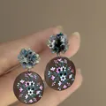 Elegant floral drop earrings with iridescent crystal flowers and painted brown discs - 102# Floral Iridescent 925 Sterling Silver Earring Post Style / Gray Blue Pink