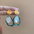 Elegant geometric drop earrings featuring matte yellow discs and teal wavy frames - Triple-Layer Geometric Color Block Style (93#) / Yellow-Green
