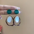 Elegant green and white stud earrings featuring irregular brown hoop dangles for women - Retro Pearlescent Wavy Edge Style (94#) / Green-Coffee