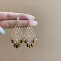 Vintage geometric hollow tassel earrings with tiger eye stone beads on s925 silver needle - Hollow Heart Tiger Eye Tassel Style (129#) / Gold Brown