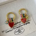 Vintage golden heart hoop earrings featuring colorful enamel floral charms for women - Enamel Heart Hoop Pendant Style (133#) / Gold-Pink-Green-Red