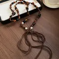 Vintage bohemian woven belt with multi-color beads and tassel detail for women - 61# Waist Chain - Coffee