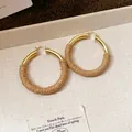 Elegant gold hoop earrings featuring a beige hand-woven raffia texture for a bohemian look - French Metal Rope Woven Hoop Style (113#) / Gold Brown