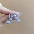 Elegant silver needle earrings featuring lavender pearls and shimmering crystals detail - Ribbon Curve Pavé Pearl Style (124#) / Silver-Pink
