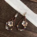 Bohemian silver-plated flower dangle earrings with colorful beads and leather cords - Ear Hook-Vintage Flower Pendant Style (68#) / Silver - Rainbow