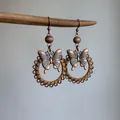 Vintage bronze butterfly hoop earrings with wooden bead detail and cord wrap - Ear Hook-Butterfly Hoop Pendant Style (73#) / Rose Gold-Brown