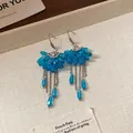 Elegant blue crystal flower tassel drop earrings in silver finish - Ear Hook-Flower Tassel Style (121#) / Blue