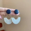 Geometric navy blue and white textured arc drop earrings with silver needle - Silver Earring Post-Striped Geometric Pendant Style (145#) / Blue-White
