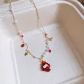 Cute red cartoon octopus character pendant necklace with pearls and gold star charm ornament - Cartoon Octopus Lucky Pendant Necklace / 4mm Artificial Pearl / Gold-Red