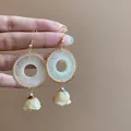 Elegant gold hoop earrings with white woven thread and dried flower bud pendants - 131# Woven Floral Style (HE11080) / Hook Style / Gold-White