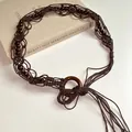 Hand-woven ethnic style belt with dark wooden beads and tassel detail - 38# Waist Chain - Brown