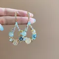 Elegant gold-tone floral beaded drop earrings with light blue crystals and beads. - 123# Beaded Flower Cluster Style (HE11080) / Hook Style / Green - Blue