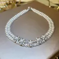 Elegant double-strand pearl necklace with sparkling floral rhinestone pendants - Double Layer Flower