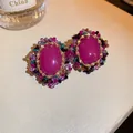 Vintage palace style purple stone stud earrings with multi-color bead surround detail - 42# Retro Court Oval Multicolor Wrap Style