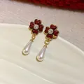 Elegant French vintage style red flower stud earrings with white pearl drop in gold finish - Flower Pearl