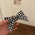 Elegant houndstooth fabric bow hair clip with luxury rhinestone edges for hair accessories - No.20 Spring Clip - Black White Checkered Bow