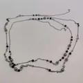 Long retro French style sweater chain featuring grey faux pearls and hollow metal flowers - Double Layer Flower / Silver Black Pearl
