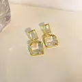 Elegant clear square crystal drop earrings with gold-plated finish - Double Geometric Ice Cube Drop / Gold