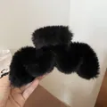 Elegant black plush faux fur hair claw clip for autumn and winter fashion styling - 44# Black Plush Hair Claw