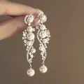 Elegant silver needle drop tassel earrings with pearls and rhinestones for wedding - Pearl Gradient Tassel Style (5#)