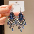 Vintage court style geometric tassel earrings with blue stones and S925 silver needle - 41# Ear Hook - Silver - Blue