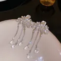 Elegant luxurious silver flower tassel earrings with sparkling teardrop crystal accents - Cluster Floral Triple Chain Drop Tassel Style (24#)