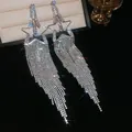 Exquisite silver star drop earrings with sparkling rhinestone long tassels for women - Hollow Pentagram Slanted Tassel Style (34#)