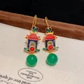 Ethnic Chinese style enamel pavilion drop earrings with vibrant green beads in gold finish - 17# Ear Hook