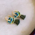 Ethnic gold hoop earrings with blue enamel flowers and dark green silk tassels - 22# Ear Clip
