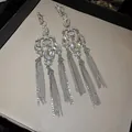Silver needle dangling tassel earrings with clear crystal flower and teardrop pendants - Spiral Curve Full Rhinestone Flower Tassel Style (51#)