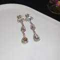 Elegant silver needle earrings with flower design and pear-shaped crystal drops - Pink Rhinestone Flower Water Drop Pendant Style (54#)