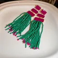 Ethnic fuchsia and teal seed bead long tassel earrings with fuchsia enamel charms - 30# Silver Earring Post