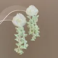 Elegant white fabric flower earrings with light green glass bead tassels for women - Green Bead Tassel Flower (80#)