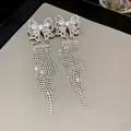 Elegant luxury silver bow-knot drop earrings featuring long cascading rhinestone tassels - Bowknot Multi-Row Dense Rhinestone Tassel Style (59#)