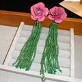 Elegant pink flower earrings with green seed bead tassels forest style S925 needle - Style 84# / Pink/Green