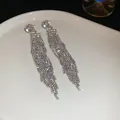 Elegant silver long tassel dangling earrings with sparkling rhinestones for luxury look - Stair Rectangular Staggered Tassel Style (62#)