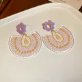Bohemian ethnic purple flower earrings with pink and orange dot pattern acrylic drop - 42# Silver Earring Post