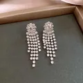 Elegant silver tassel earrings with sparkling rhinestone flower design for women - Round Flower Cluster Water Drop Long Tassel Style (64#)