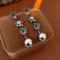 Elegant colorful zircon flower tassel earrings with grey pearl drops on velvet background - Triple Flower Pearl (71#)