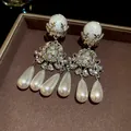 Sparkling silver flower drop earrings with crystals and white teardrop pearls - Retro Court Opal Water Drop Pearl Style (79#)