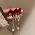 Eleganti orecchini a fiocco in velluto rosso con nappe di perle e strass per natale. - Stile Nappina a Fiocco (17#)