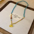 Exquisite turquoise beaded necklace with a golden gourd pendant made of durable stainless steel - Style 3