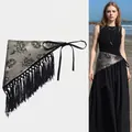 Vintage floral fabric waist chain with black tassels in elegant silver-grey finish - 17# Waist Chain - Dark Gold