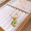 Vintage gold-plated titanium steel necklace with a green jade-style hulu gourd pendant - Style 33